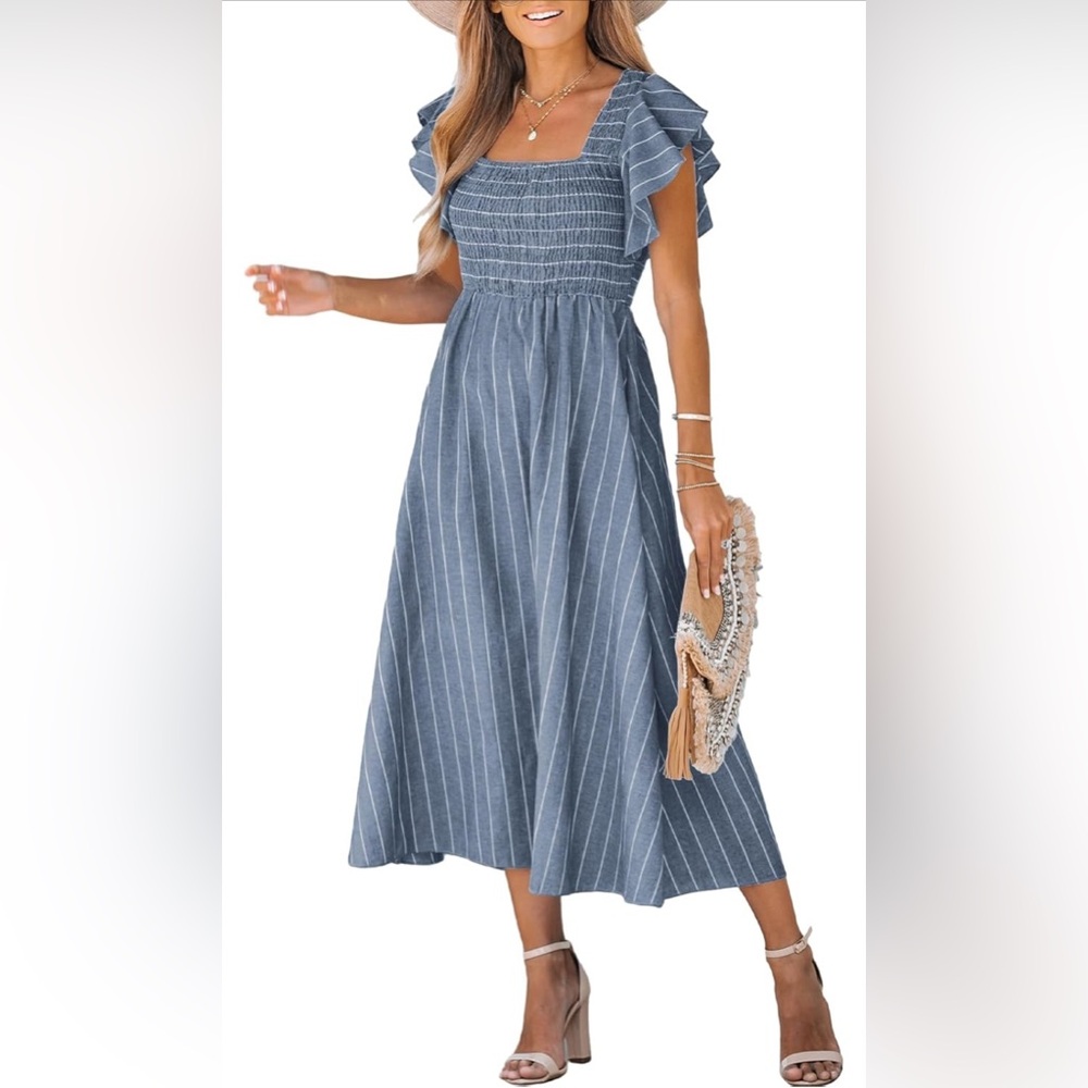 CUPSHE Women's Square Neck Striped Smocked Ruffle Sleeve Sleeve Maxi Dress Small